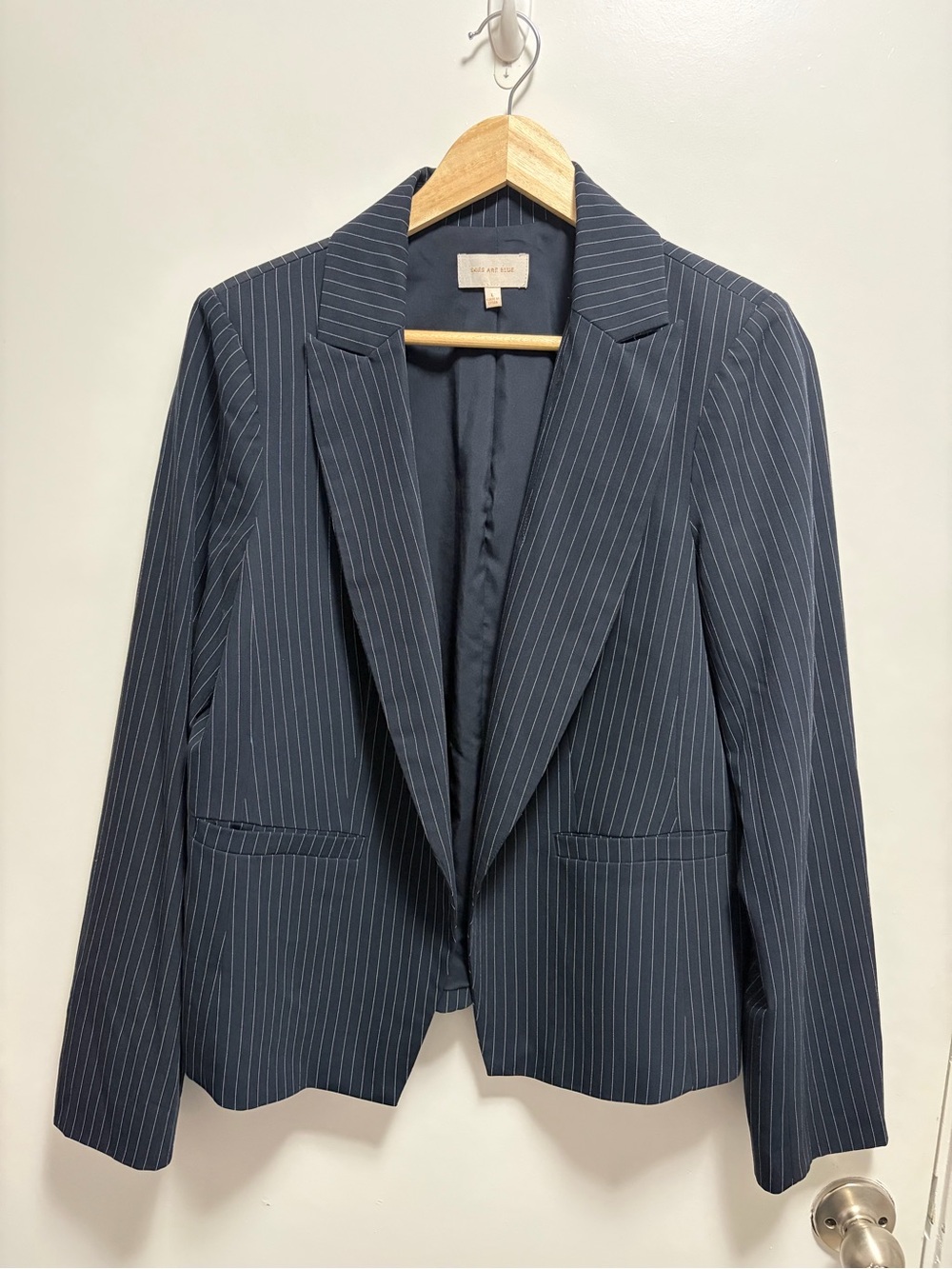 Skies are Blue Navy Pinstripe Open Front Blazer Women’s Size Large